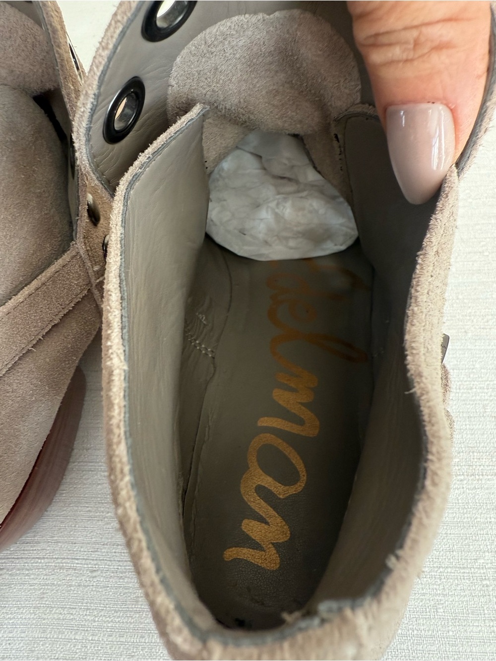 Sam Edelman Suede Ankle Booties with Studd Grommet Detail in Taupe - Picture 14 of 14